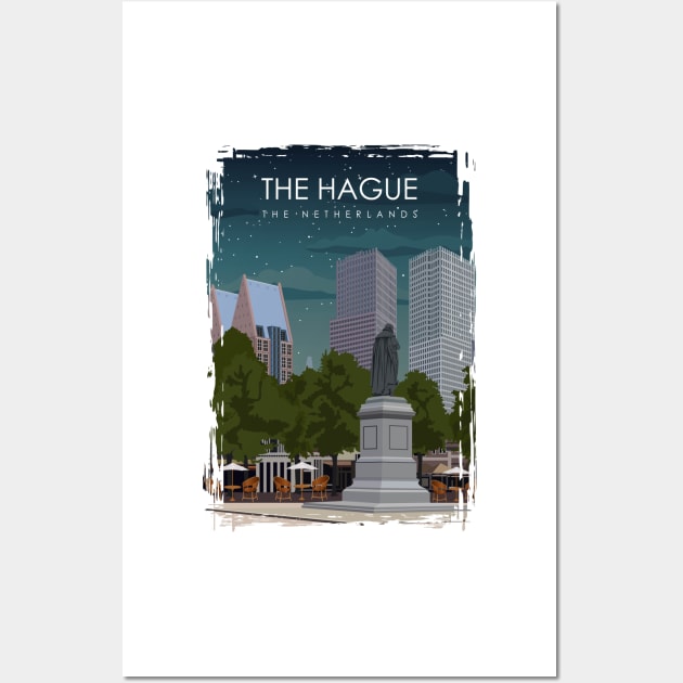 The Hague The Netherlands Vintage Minimal City Travel Poster at Night Wall Art by jornvanhezik